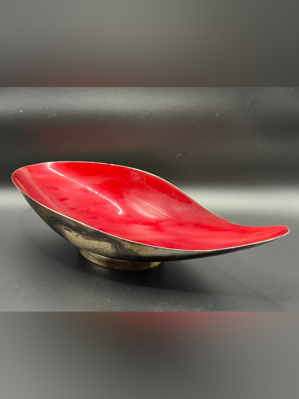 Reed & Barton Vintage Mid Century Red Enamel Silver Plate Kidney Shaped Bowl